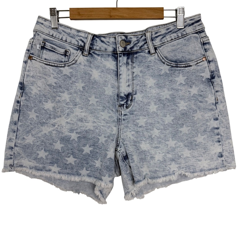 Judy Blue Star Print Acid Wash Denim Shorts Raw Hem Light Blue Womens Size 11/30